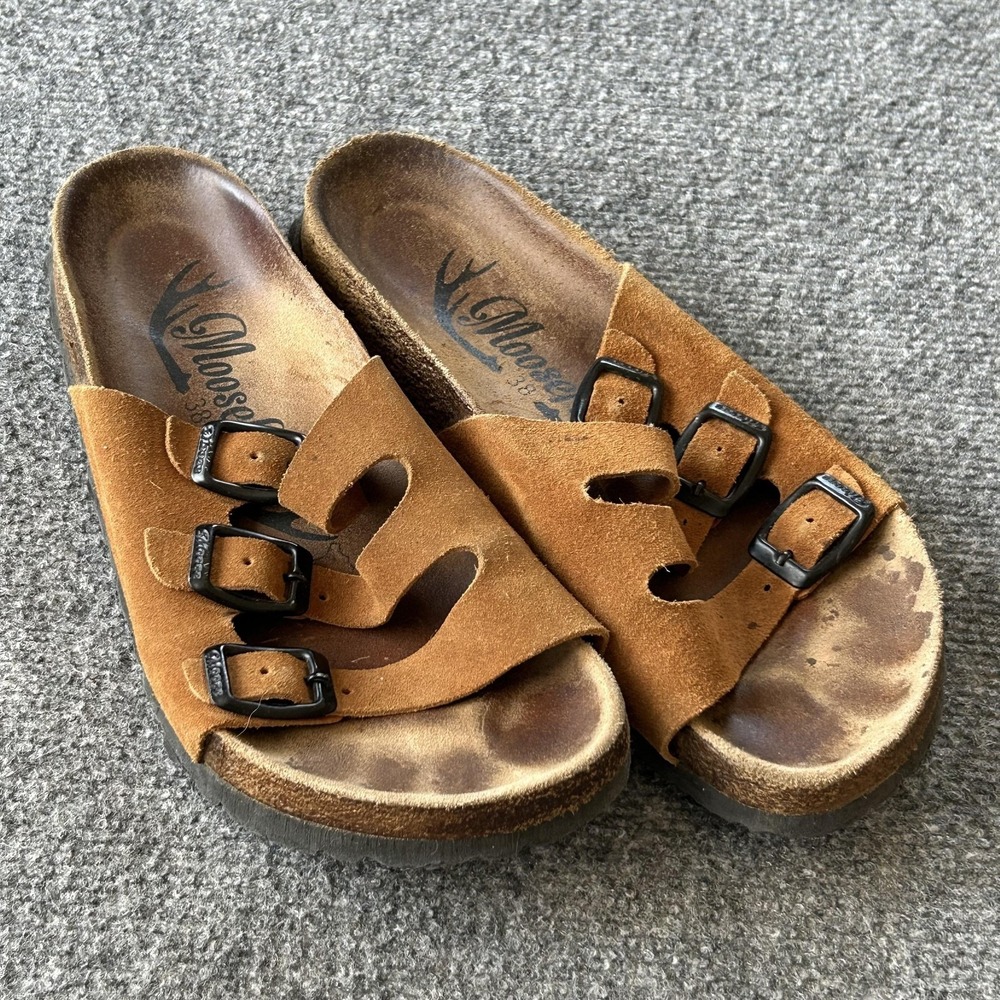 Moosefield Sandals Shoes Womens Size 7.5 Brown Suede Slide Triple Strap Buckle